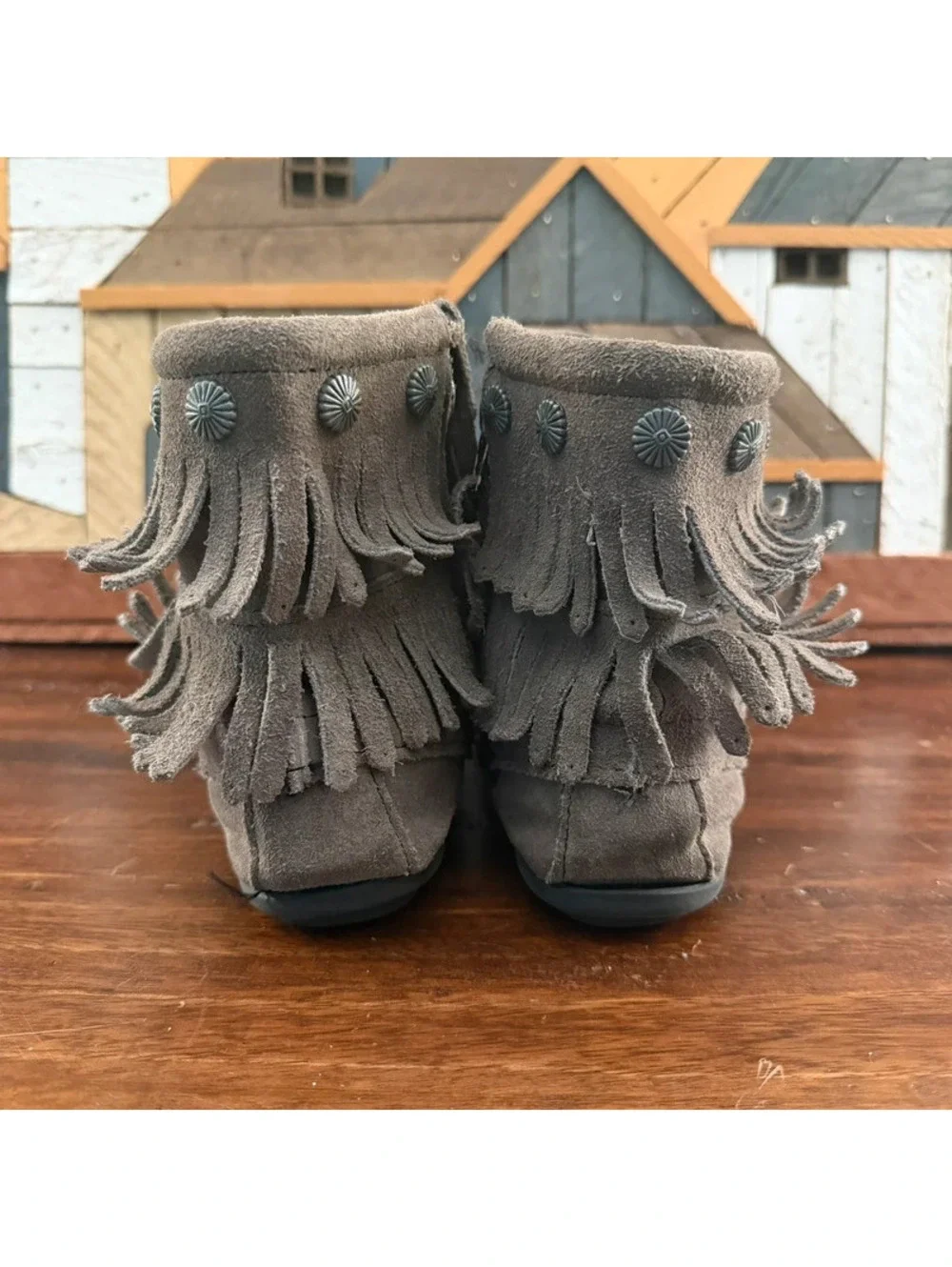 Minnetonka Women's Double Fringe Side Zip Suede Moccasin Boots Gray Size 8